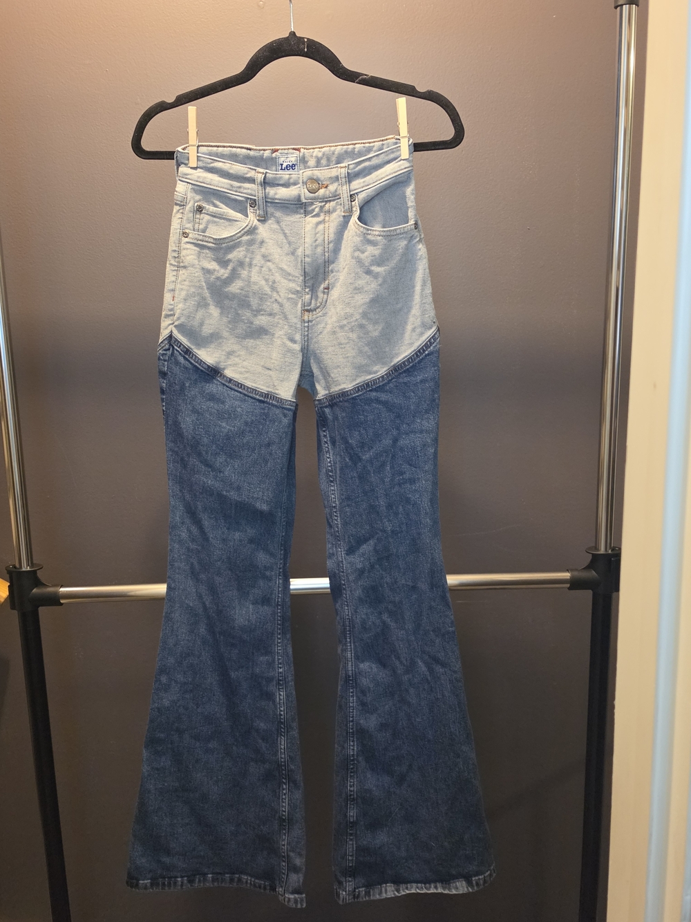 Lee Two-Tone High-Waist Flare Jeans — Light and Dark Blue